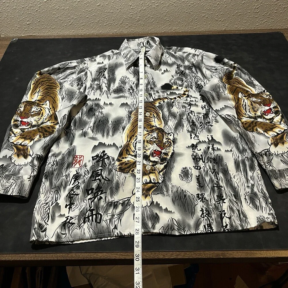 No Boundaries Green Yellow Dragon Abstract Asian Button Up Shirt Tiger Y2K AOP